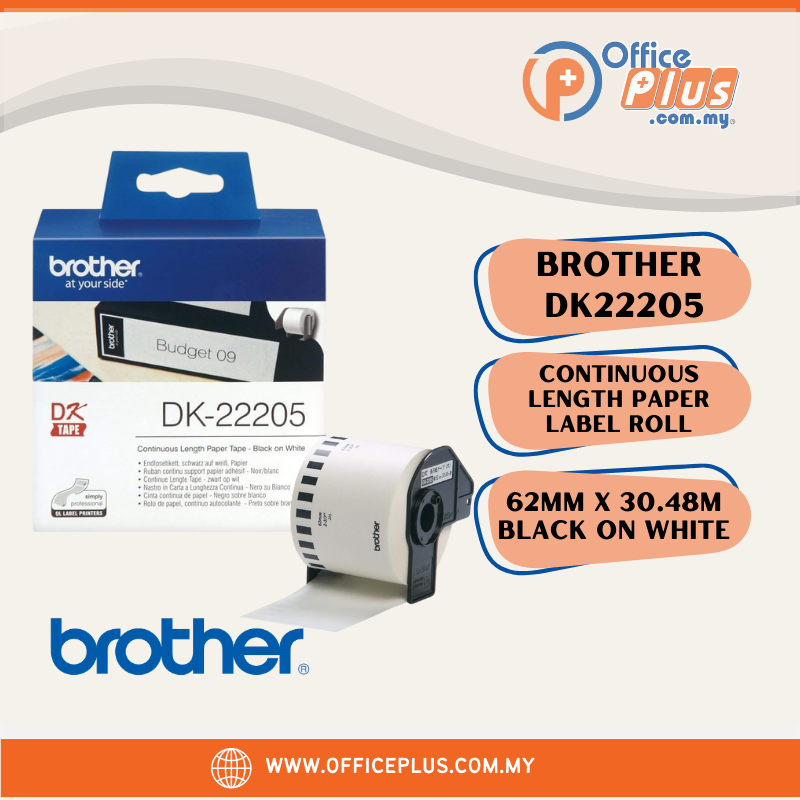 Brother DK-22205 Continuous Paper Label Roll – Black on White, 62mm wide - OfficePlus