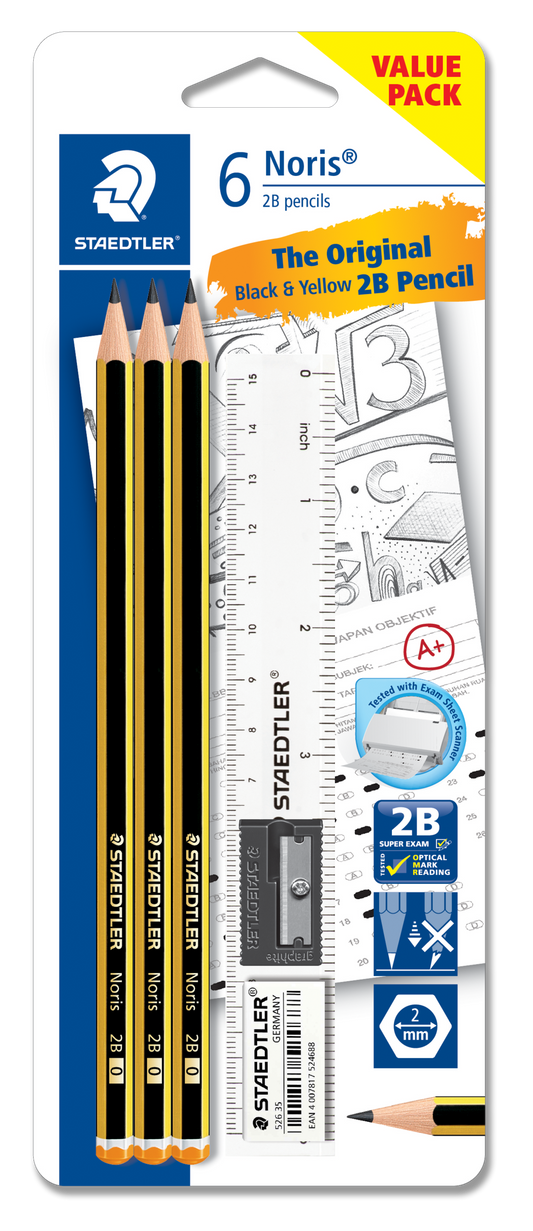 STAEDTLER Noris 2B Writing Set - 6 pieces of 2B pencils, eraser, sharpener and ruler - OfficePlus