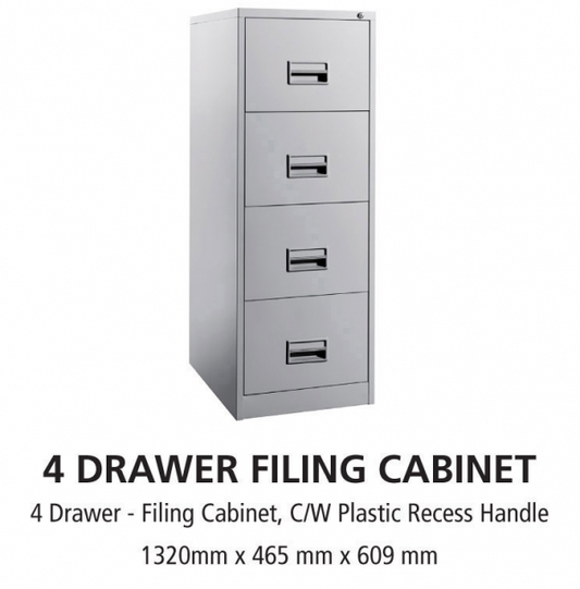 4 Drawer Steel Office Filing Cabinet With Recess Handle C/W Ball Bearing Slide - OfficePlus