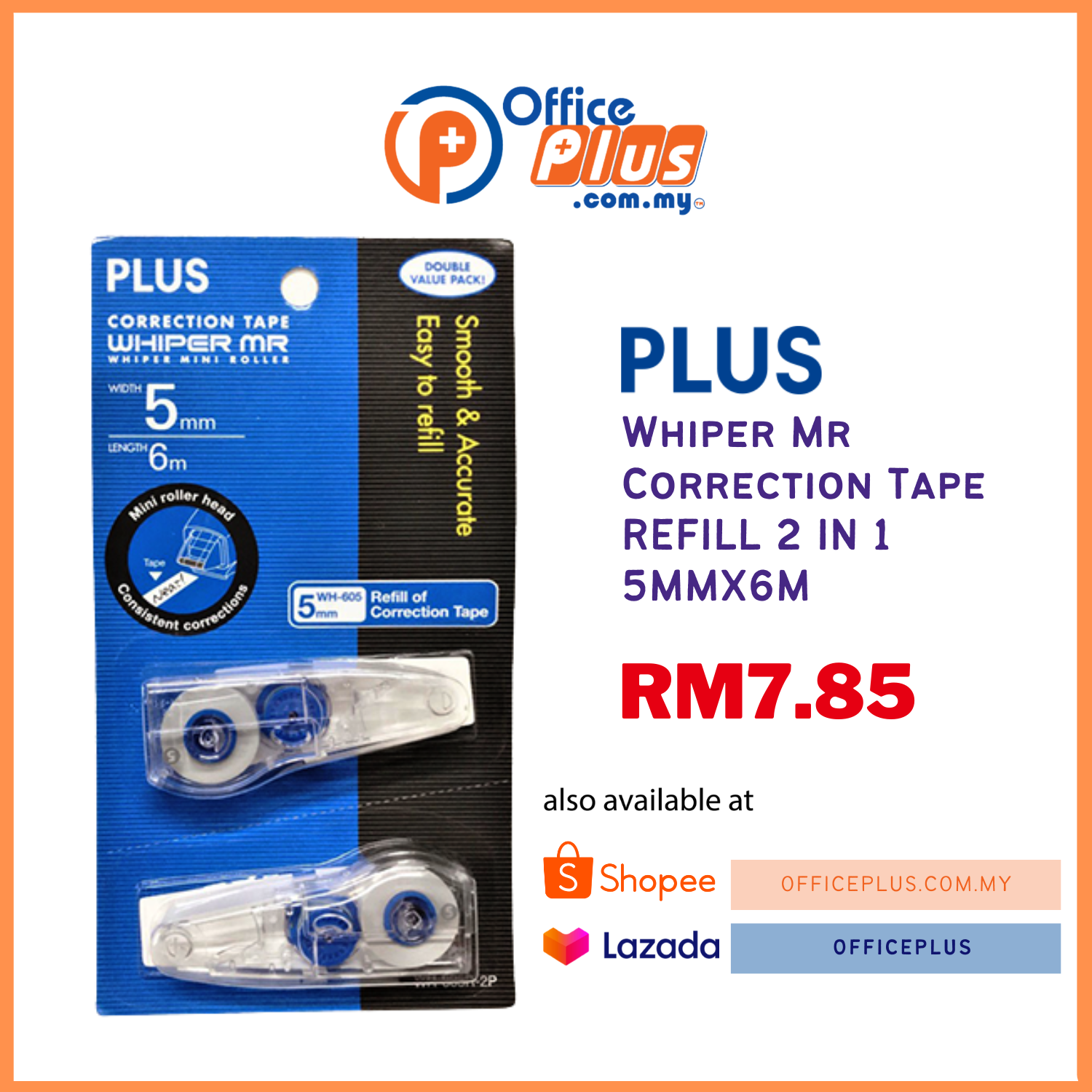 PLUS Whiper MR Correction Tape Refill 2in1 5mm x 6m - OfficePlus
