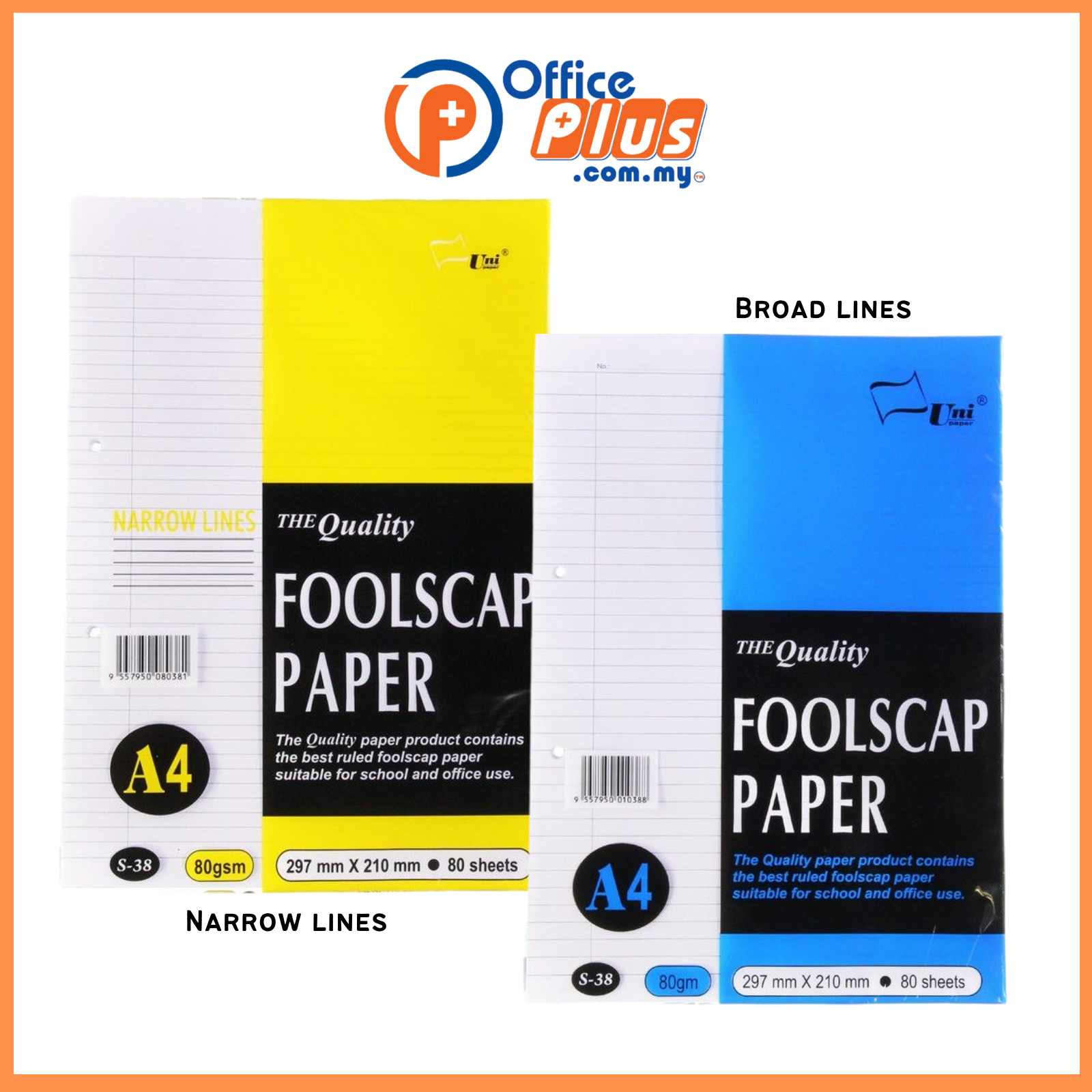 Uni S38 Foolscap Paper A4 80gsm 80 sheets (Narrow / Broad Lines) - OfficePlus