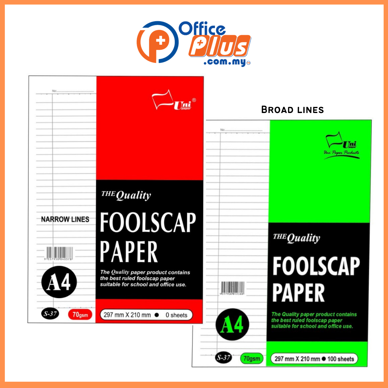 Uni S37 Foolscap Paper A4 70gsm 100 sheets (Narrow / Broad Lines) - OfficePlus