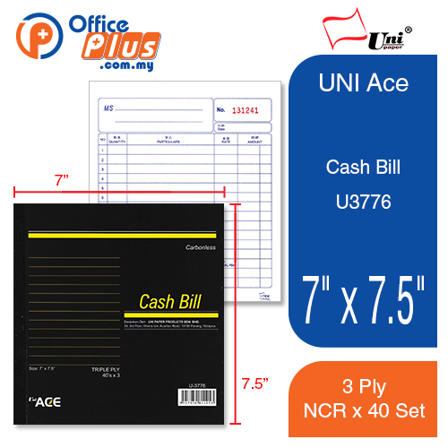 UNI Ace Cash Bill 3 Ply NCR 7" x 7.5" U3776 - OfficePlus