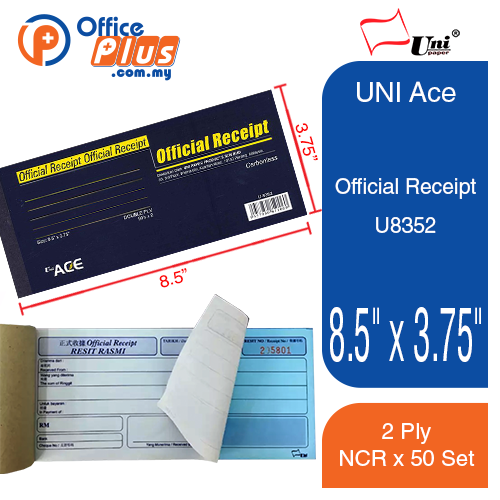 UNI Ace Official Receipt 2 Ply NCR 8.5" x 3.75" U8352 - OfficePlus