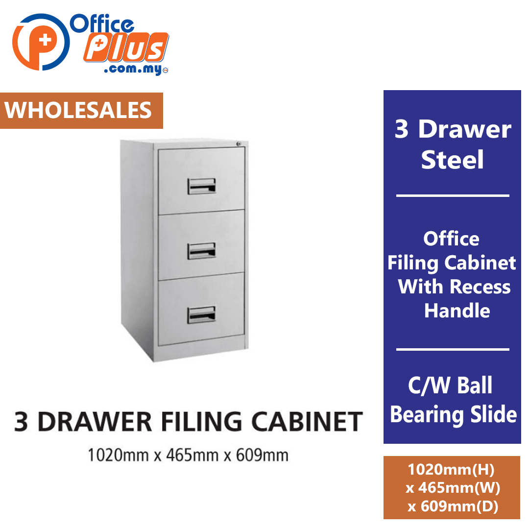 3 Drawer Steel Office Filing Cabinet With Recess Handle C/W Ball Bearing Slide - OfficePlus